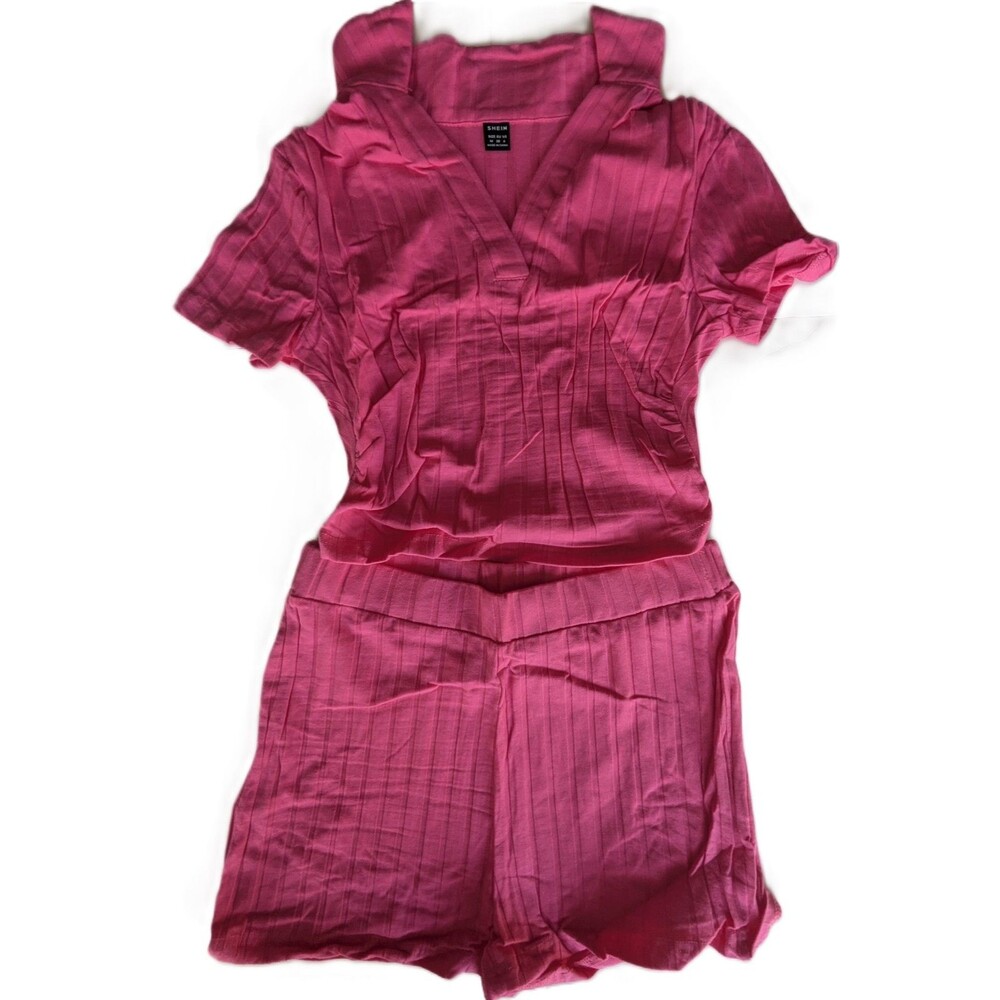 SHEIN Women's Sz M Pink Ribbed Cold Shoulder Top & Shorts Set 2pc